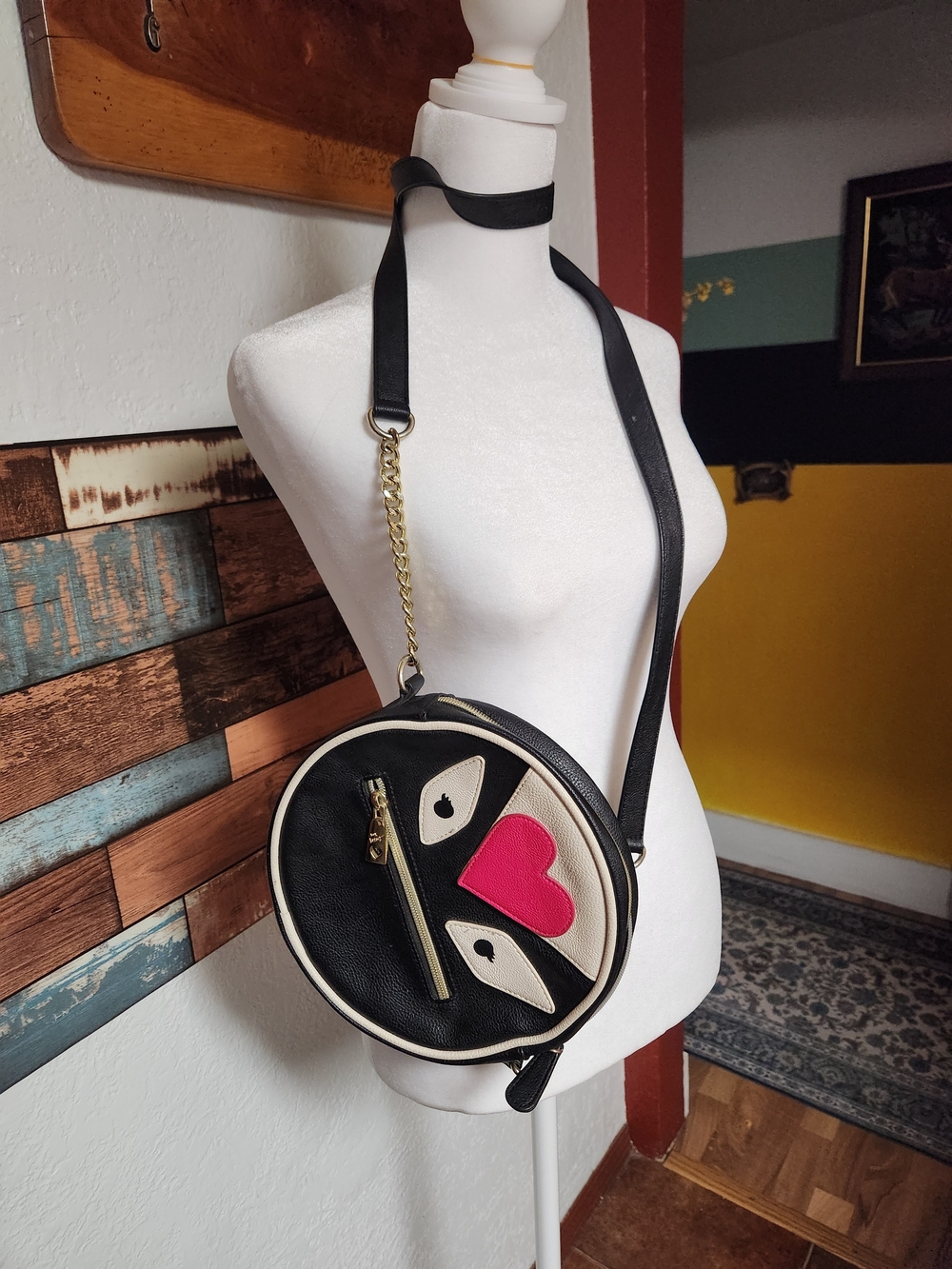 Betsey Johnson Black Round Crossbody with Hot Pink Heart